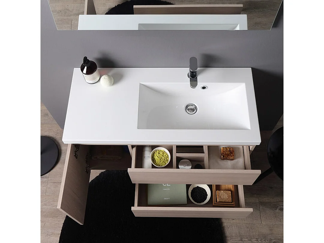 Meuble De Salle De Bains Suspendu En Orme De 90Cm Avec Lavabo Décentré À Droite | Malaga