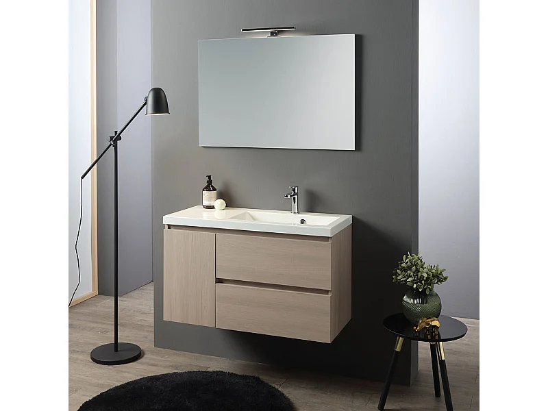 Meuble De Salle De Bains Suspendu En Orme De 90Cm Avec Lavabo Décentré À Droite | Malaga