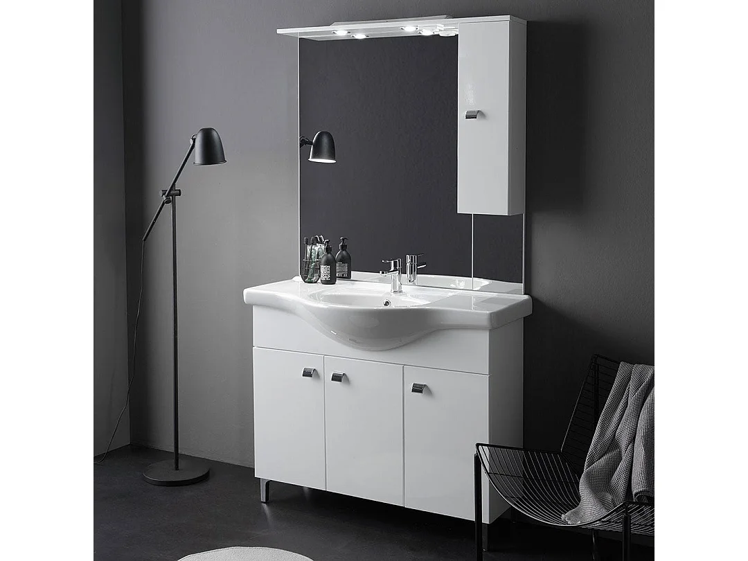 Meuble De Salle De Bains Sur Pied Avec Lavabo, 105 Cm, Blanc Brillant | Smeraldo