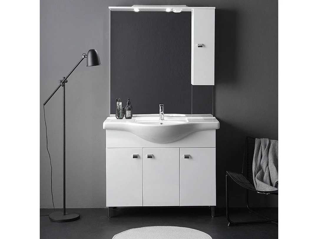 Meuble De Salle De Bains Sur Pied Avec Lavabo, 105 Cm, Blanc Brillant | Smeraldo