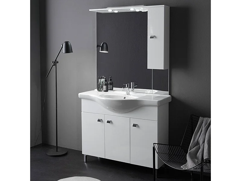 Meuble De Salle De Bains Sur Pied Avec Lavabo, 105 Cm, Blanc Brillant | Smeraldo