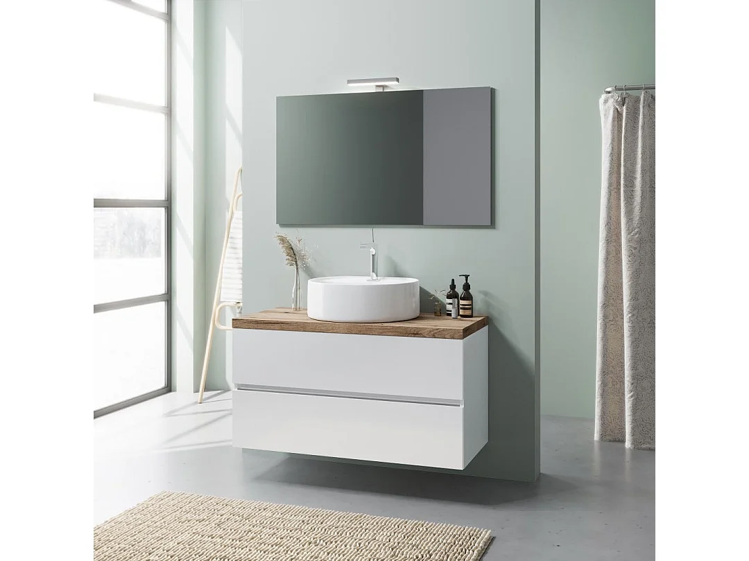 Meuble Salle De Bains À Suspendre 100 Cm, Chêne Blanc Brillant, Vasque À Poser | Elba