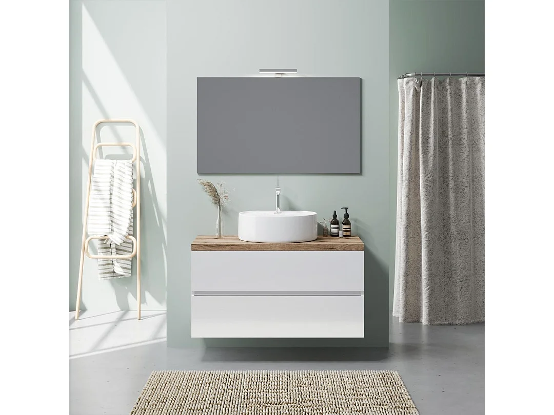 Meuble Salle De Bains À Suspendre 100 Cm, Chêne Blanc Brillant, Vasque À Poser | Elba