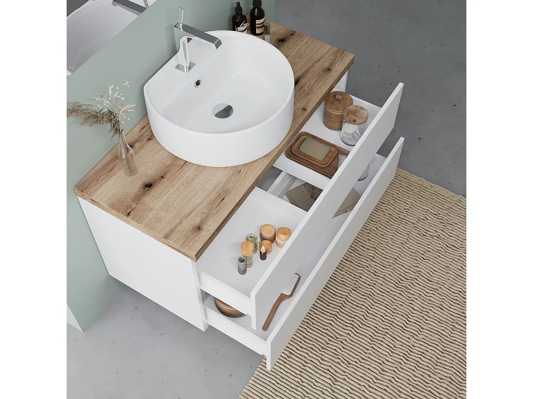 Meuble Salle De Bains À Suspendre 100 Cm, Chêne Blanc Brillant, Vasque À Poser | Elba