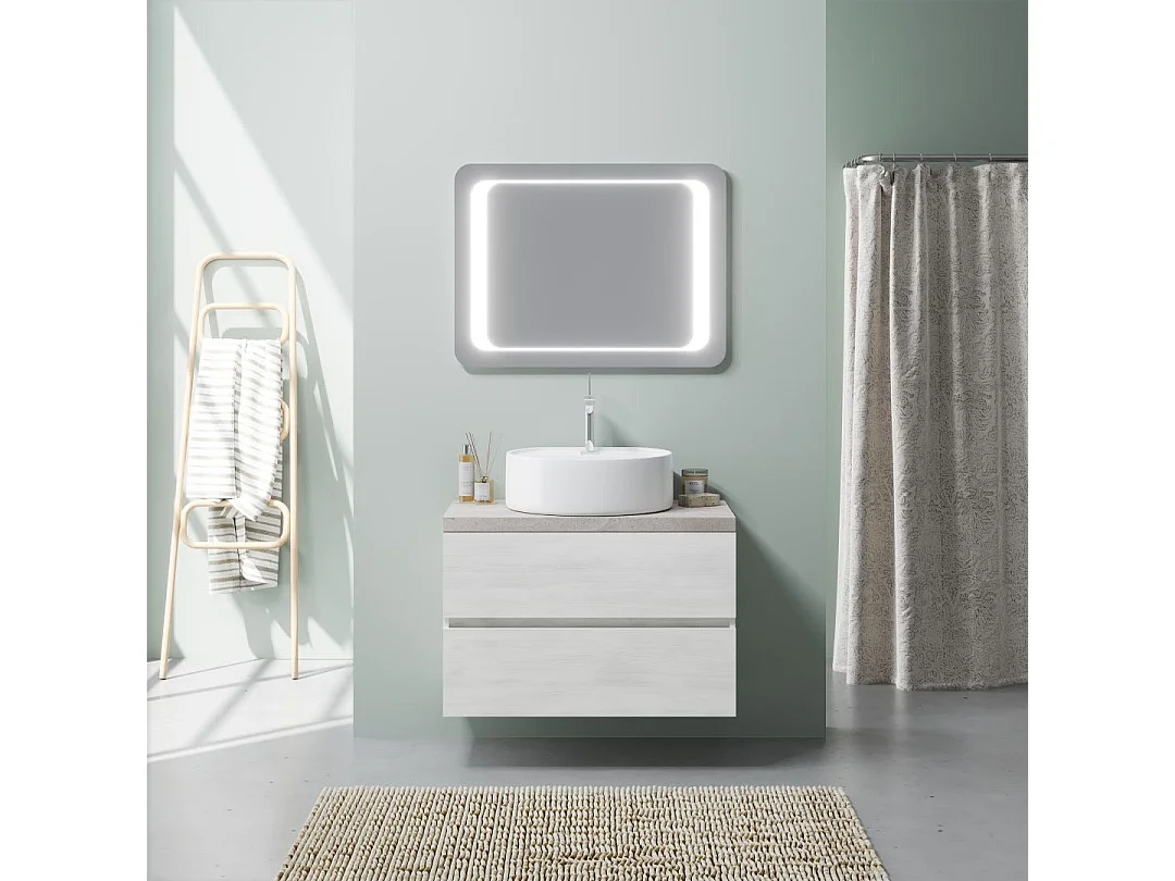 Meuble Sous-Vasque Suspendu 80 Cm Chêne Blanc Et Miroir 80X60 Led | Elba