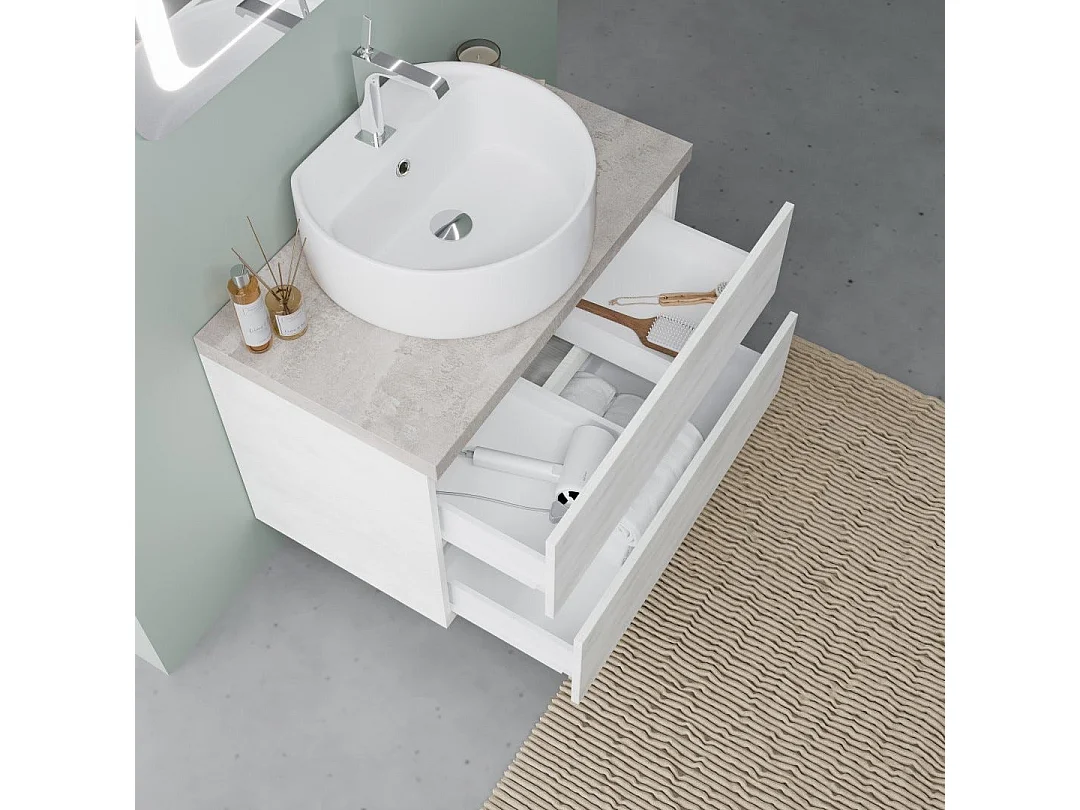 Meuble Sous-Vasque Suspendu 80 Cm Chêne Blanc Et Miroir 80X60 Led | Elba