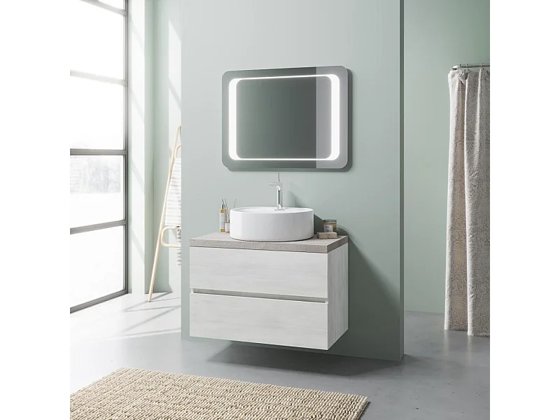 Meuble Sous-Vasque Suspendu 80 Cm Chêne Blanc Et Miroir 80X60 Led | Elba