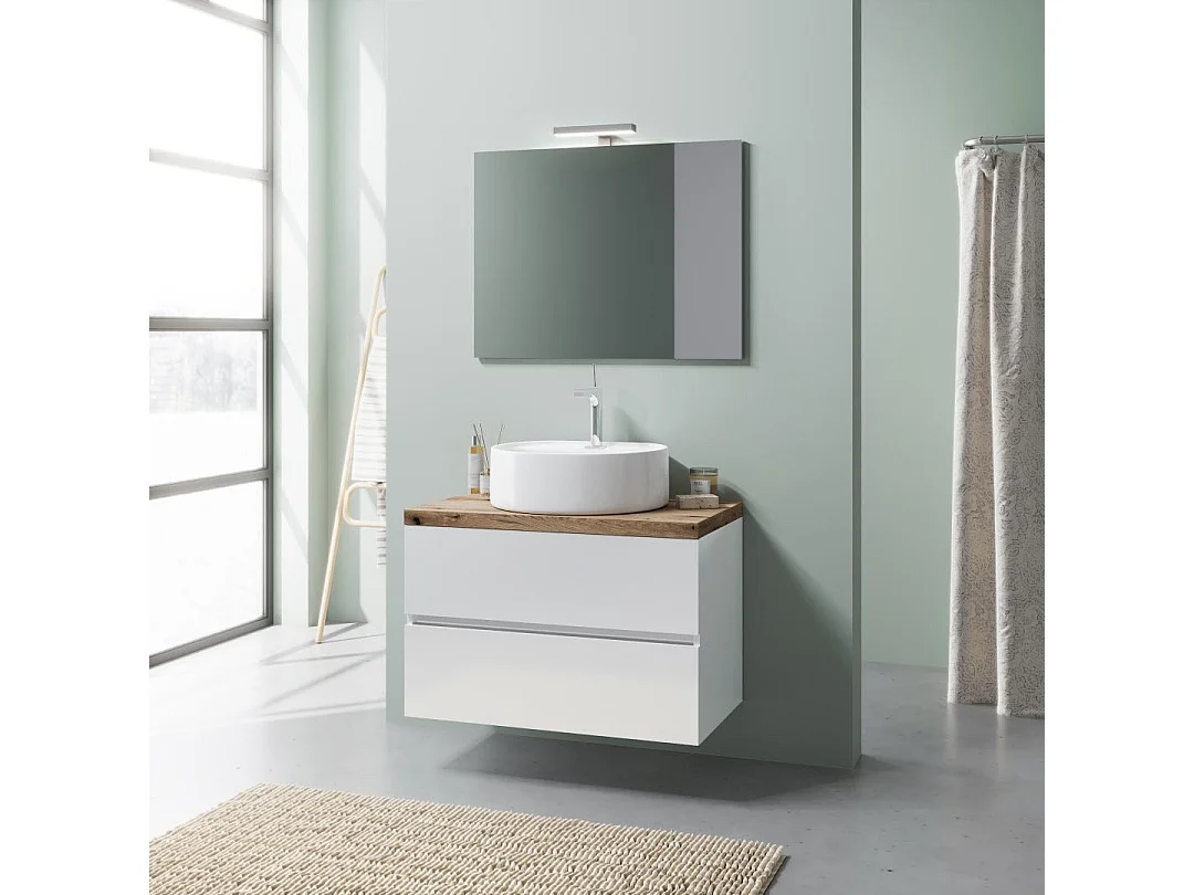 Armoire De Toilette Suspendue 80Cm Blanc Brillant, Lavabo, Miroir 80X60 | Elba