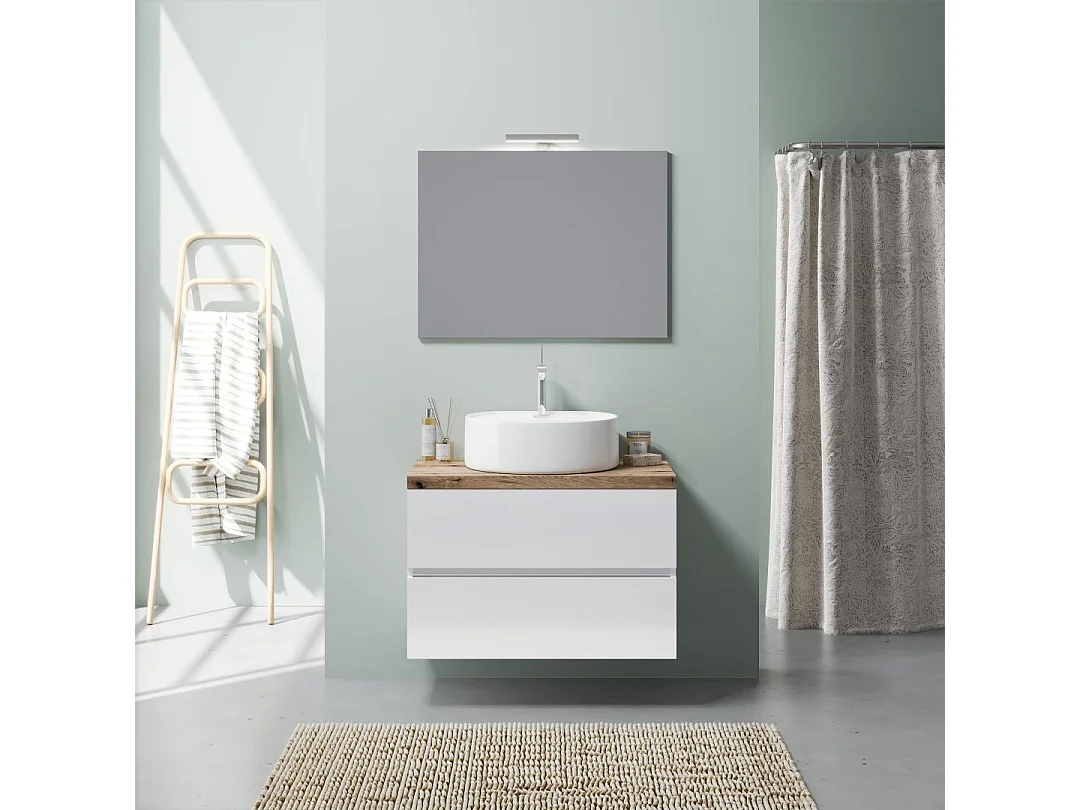 Armoire De Toilette Suspendue 80Cm Blanc Brillant, Lavabo, Miroir 80X60 | Elba
