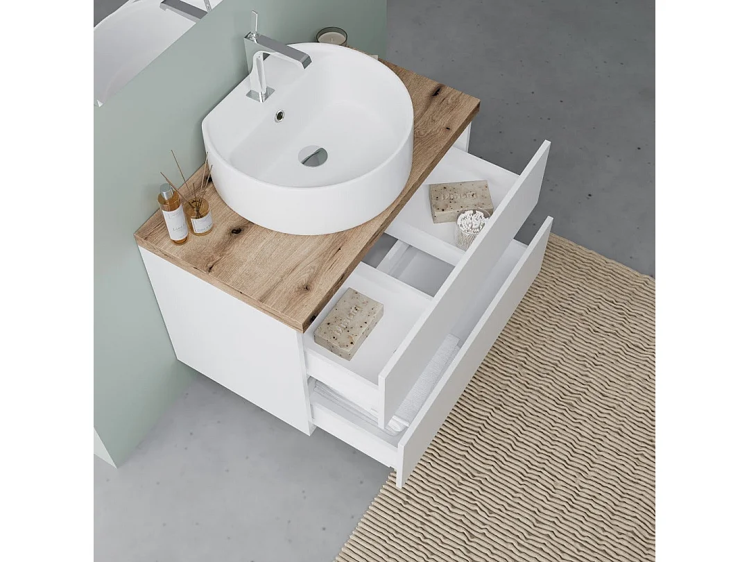 Armoire De Toilette Suspendue 80Cm Blanc Brillant, Lavabo, Miroir 80X60 | Elba
