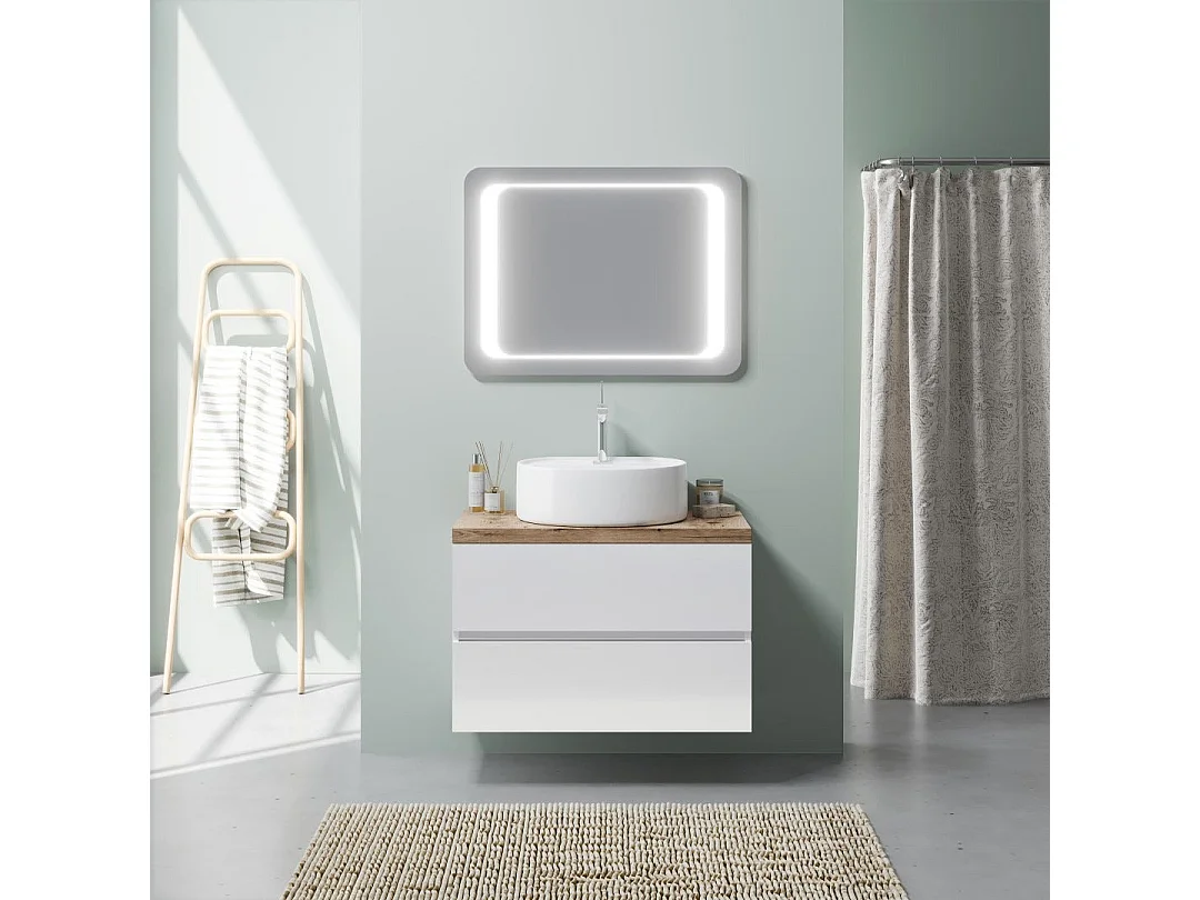 Meuble De Salle De Bains À Suspendre 80 Cm Blanc, Plan Et Comptoir En Chêne Lavabo | Elba