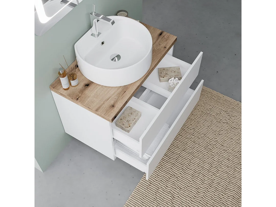 Meuble De Salle De Bains À Suspendre 80 Cm Blanc, Plan Et Comptoir En Chêne Lavabo | Elba