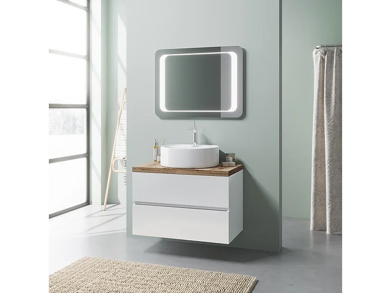 Meuble De Salle De Bains À Suspendre 80 Cm Blanc, Plan Et Comptoir En Chêne Lavabo | Elba