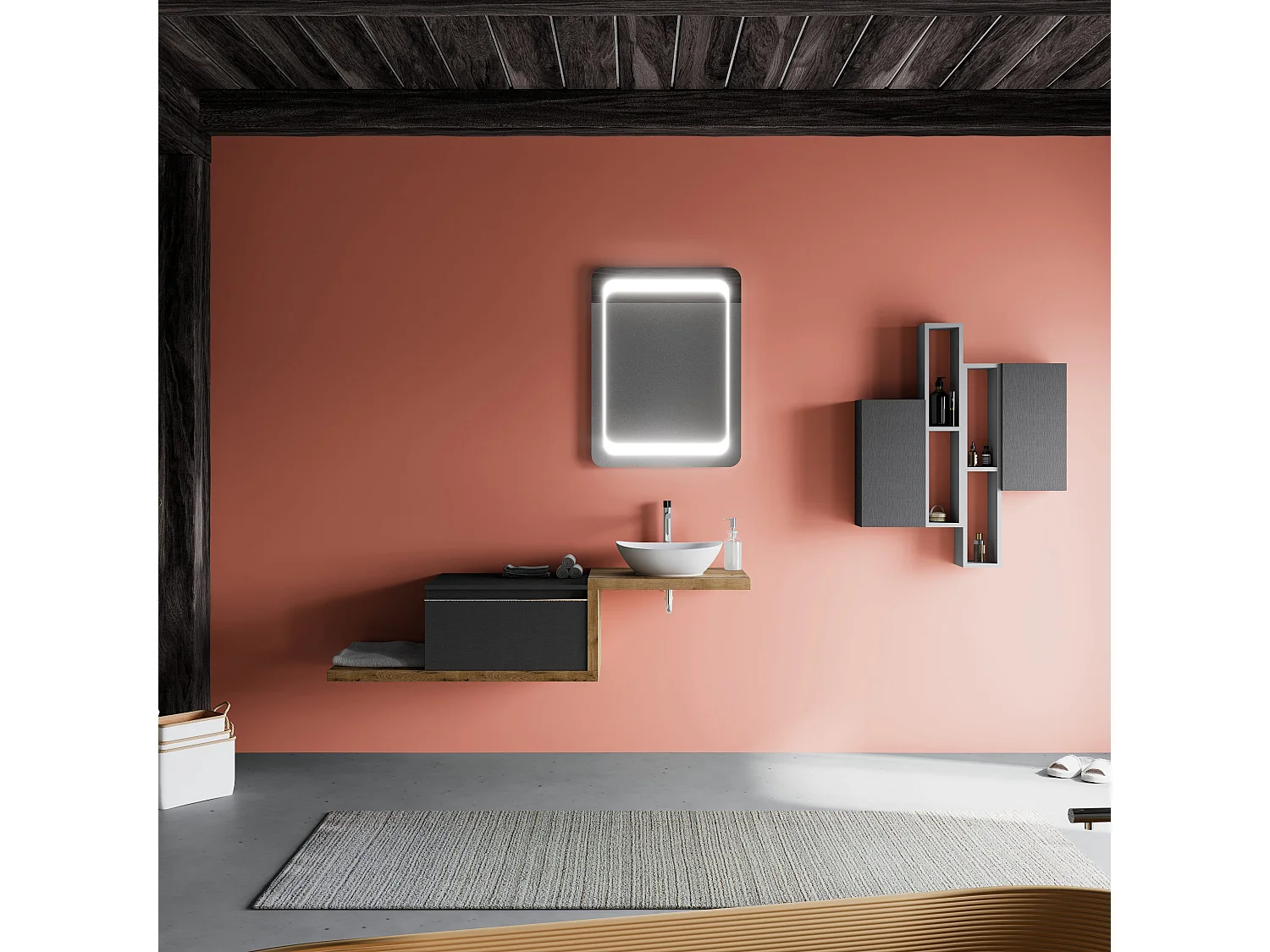 Meuble De Salle De Bain 160Cm Lavabo Avec Plan En Chêne Naturel, Miroir 60X80 | Lagos