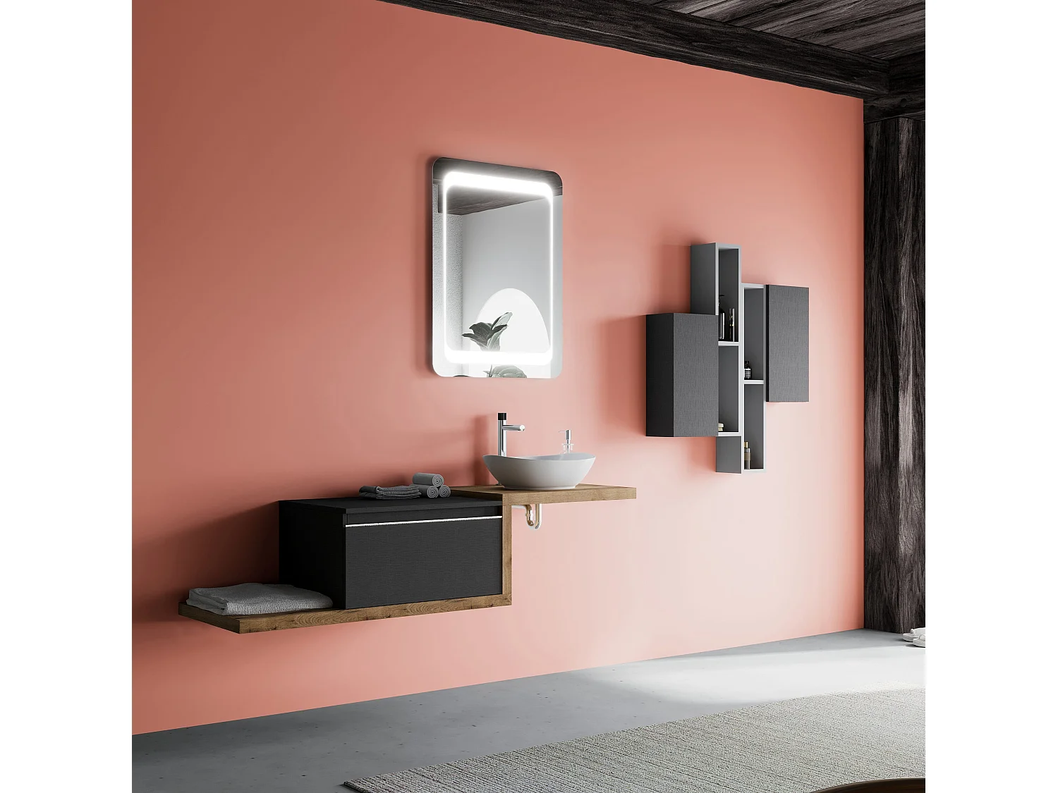 Meuble De Salle De Bain 160Cm Lavabo Avec Plan En Chêne Naturel, Miroir 60X80 | Lagos
