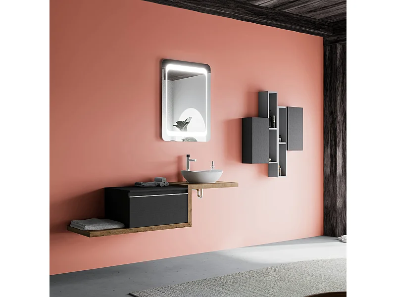 Meuble De Salle De Bain 160Cm Lavabo Avec Plan En Chêne Naturel, Miroir 60X80 | Lagos
