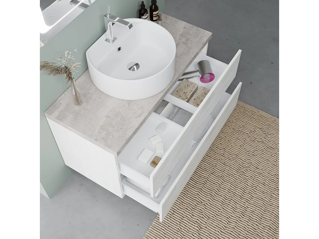 Armoire De Toilette Murale 100Cm Chêne Et Beton, Vasque À Poser, Miroir À Led | Elba