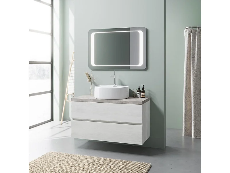 Armoire De Toilette Murale 100Cm Chêne Et Beton, Vasque À Poser, Miroir À Led | Elba