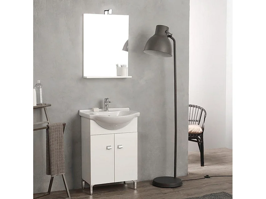 Meuble De Bain Sur Pieds Blanc 56 Cm Avec Lavabo Et Miroir | Simply