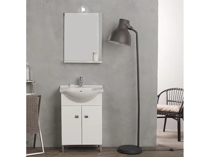 Meuble De Bain Sur Pieds Blanc 56 Cm Avec Lavabo Et Miroir | Simply