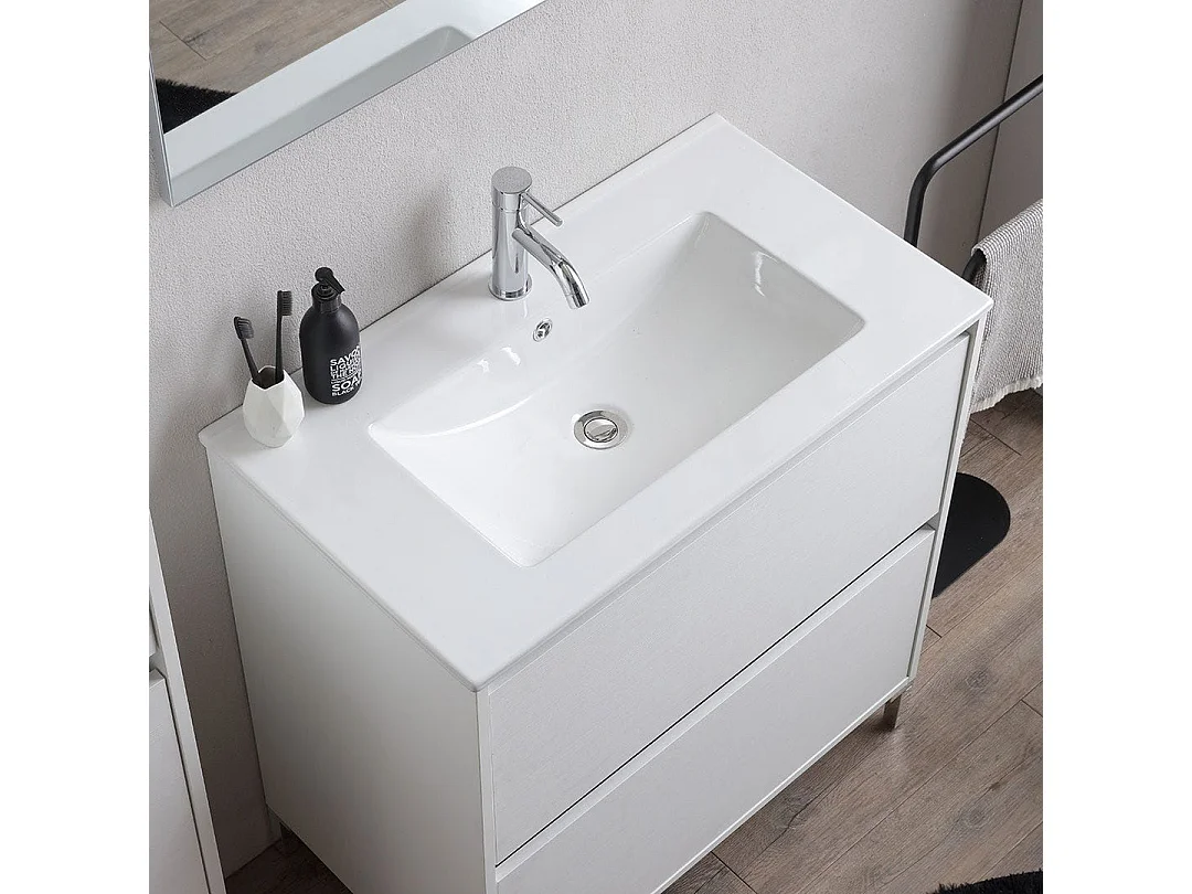 Meuble De Salle De Bains Au Sol 80 Cm Blanc Avec Façade Des Tiroirs En Chêne Blanc | Laguna