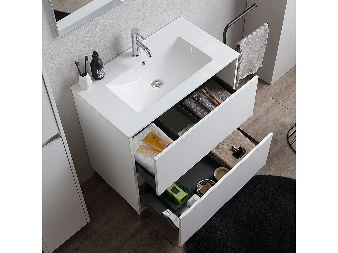 Meuble De Salle De Bains Au Sol 80 Cm Blanc Avec Façade Des Tiroirs En Chêne Blanc | Laguna