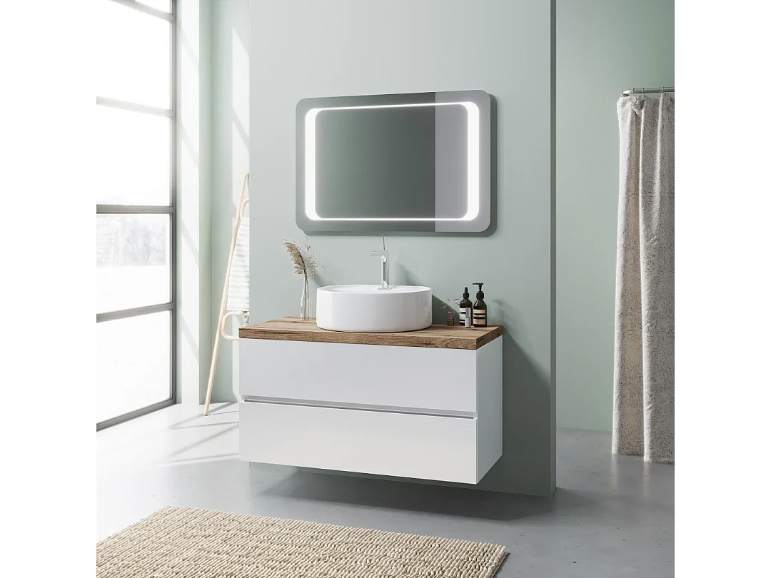 Meuble De Salle De Bain Blanc Brillant 100Cm Lavabo À Poser Et Miroir À Led | Elba