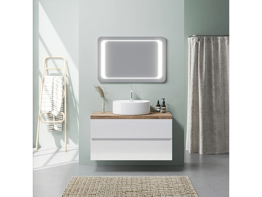 Meuble De Salle De Bain Blanc Brillant 100Cm Lavabo À Poser Et Miroir À Led | Elba