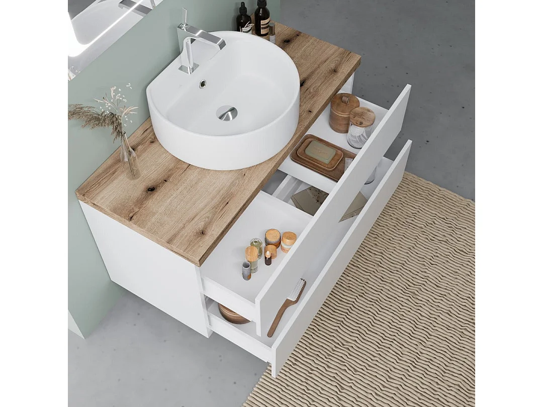 Meuble De Salle De Bain Blanc Brillant 100Cm Lavabo À Poser Et Miroir À Led | Elba