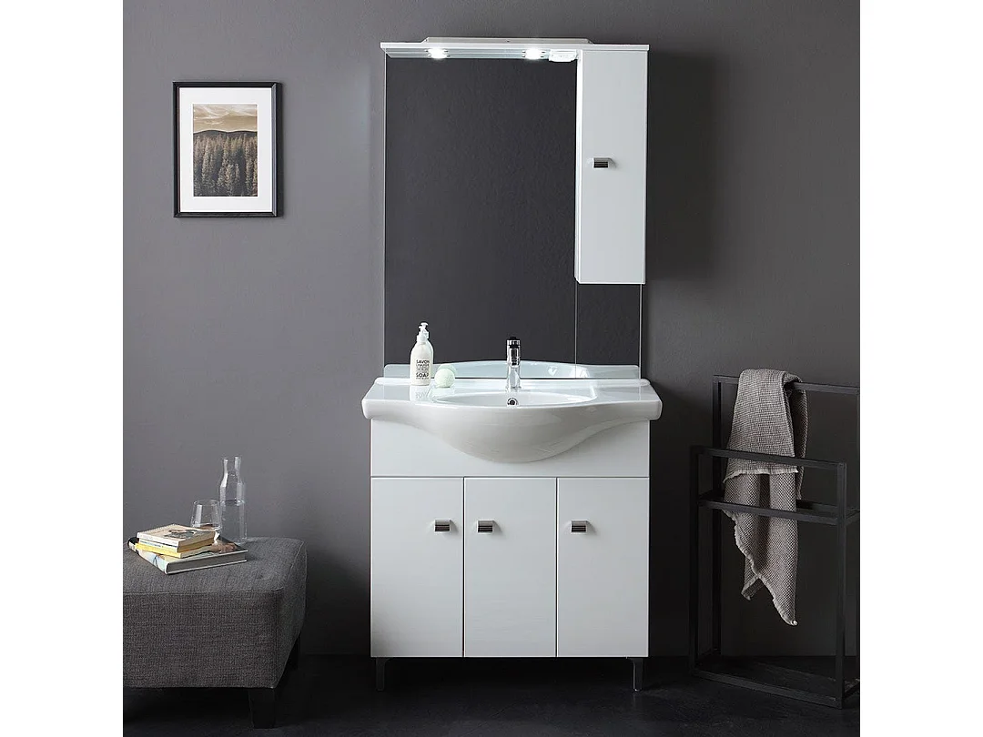 Meuble De Salle De Bains De 85 Cm À Poser Au Sol, Blanc Brillant | Smeraldo