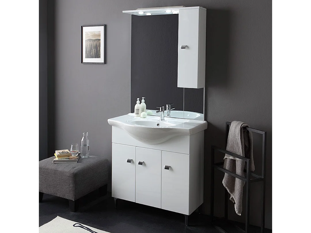 Meuble De Salle De Bains De 85 Cm À Poser Au Sol, Blanc Brillant | Smeraldo