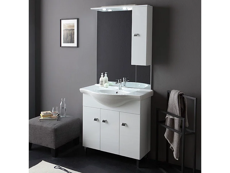 Meuble De Salle De Bains De 85 Cm À Poser Au Sol, Blanc Brillant | Smeraldo