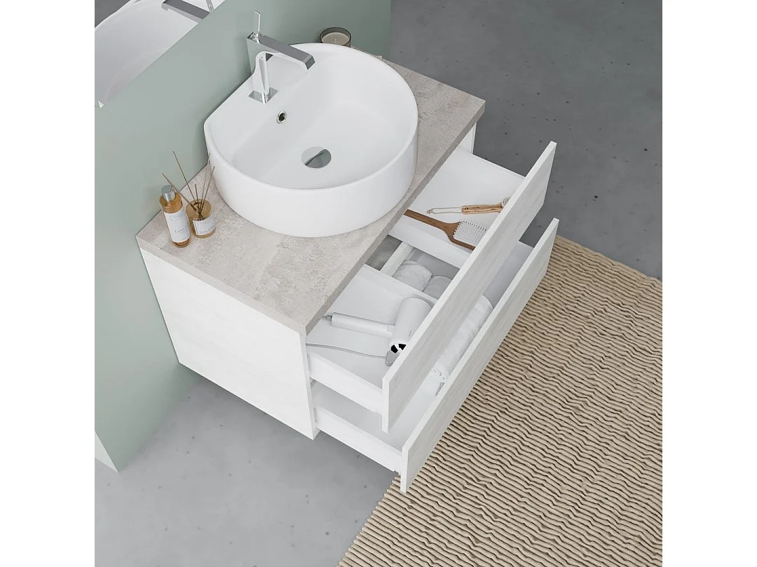 Meuble-Lavabo Suspendu 80Cm Chêne Blanc Et Beton, Meuble Lavabo | Elba