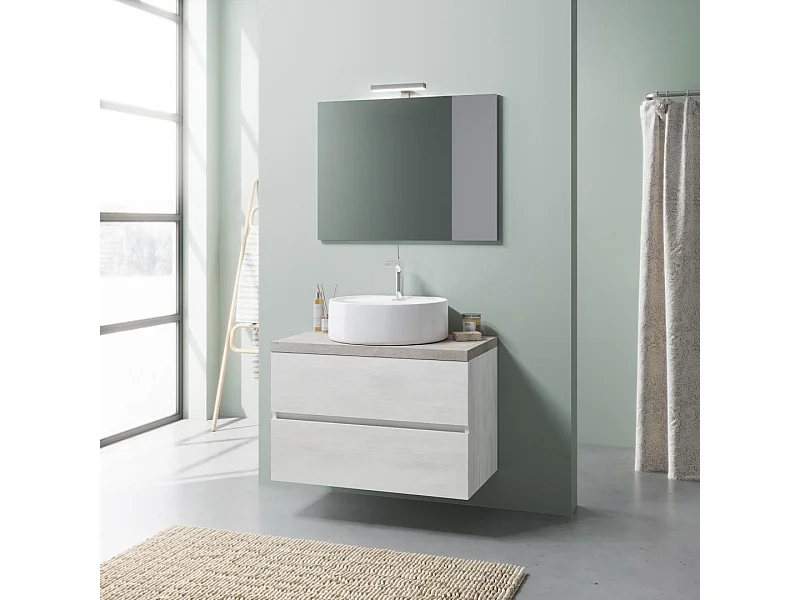 Meuble-Lavabo Suspendu 80Cm Chêne Blanc Et Beton, Meuble Lavabo | Elba