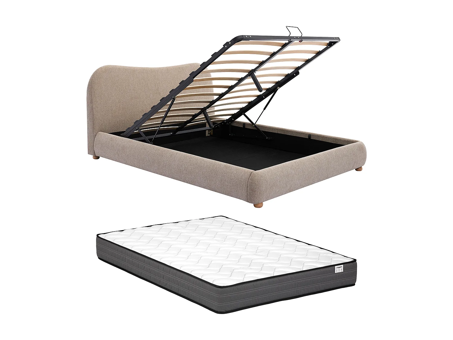 Lit coffre 140 x 190 cm - Tissu - Taupe + Matelas - VANARI