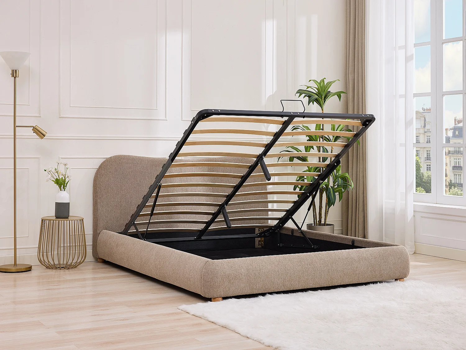 Lit coffre 160 x 200 cm - Tissu - Taupe + Matelas - VANARI