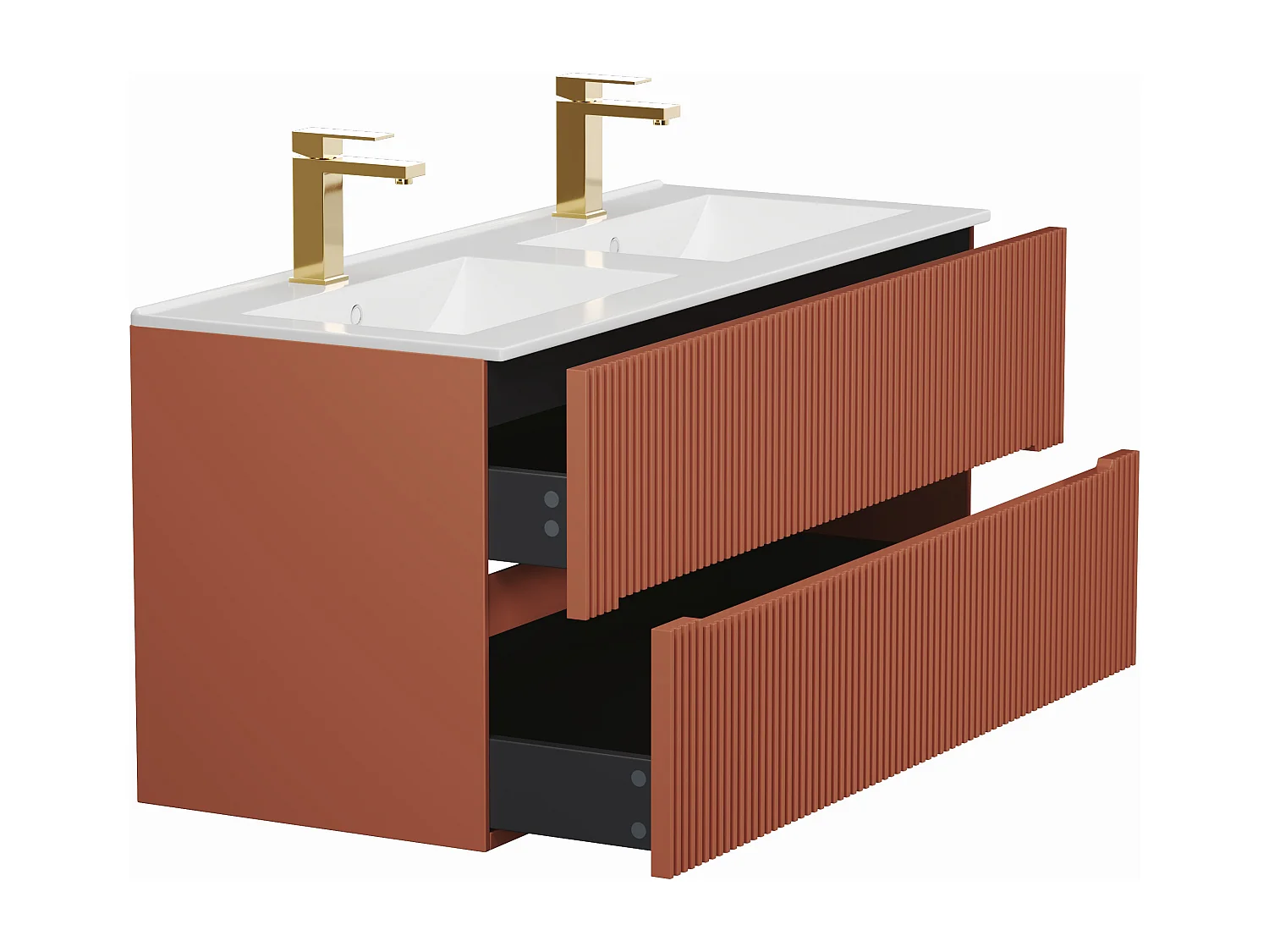 Meuble de salle de bain suspendu avec vasque à encastrer, robinet et colonne - Strié terracotta - 120 cm - PAVANI