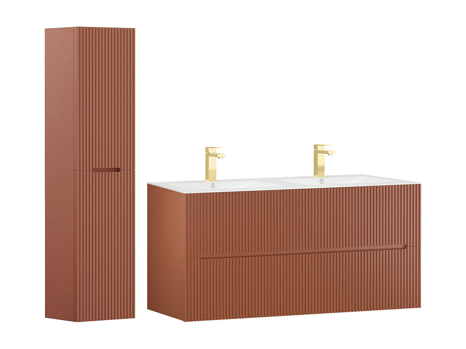 Meuble de salle de bain suspendu avec vasque à encastrer, robinet et colonne - Strié terracotta - 120 cm - PAVANI