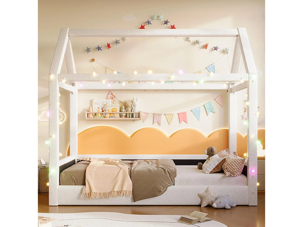 Lit cottage charmant avec éclairage LED – Canapé-lit pour enfants en bois massif avec tente intégrée – Beige – 90 x 200 cm