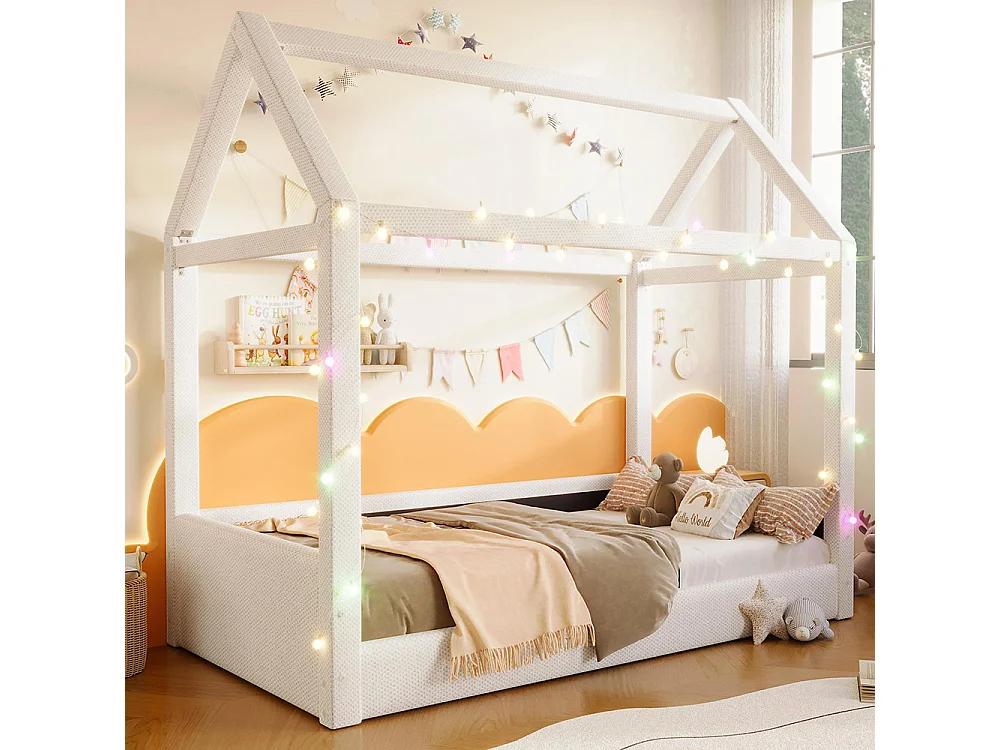 Lit cottage charmant avec éclairage LED – Canapé-lit pour enfants en bois massif avec tente intégrée – Beige – 90 x 200 cm