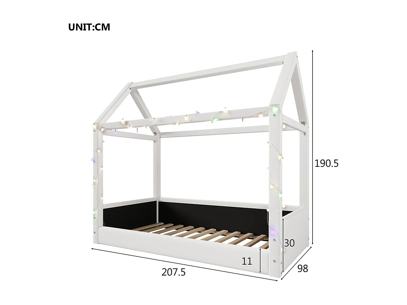 Lit cottage charmant avec éclairage LED – Canapé-lit pour enfants en bois massif avec tente intégrée – Beige – 90 x 200 cm