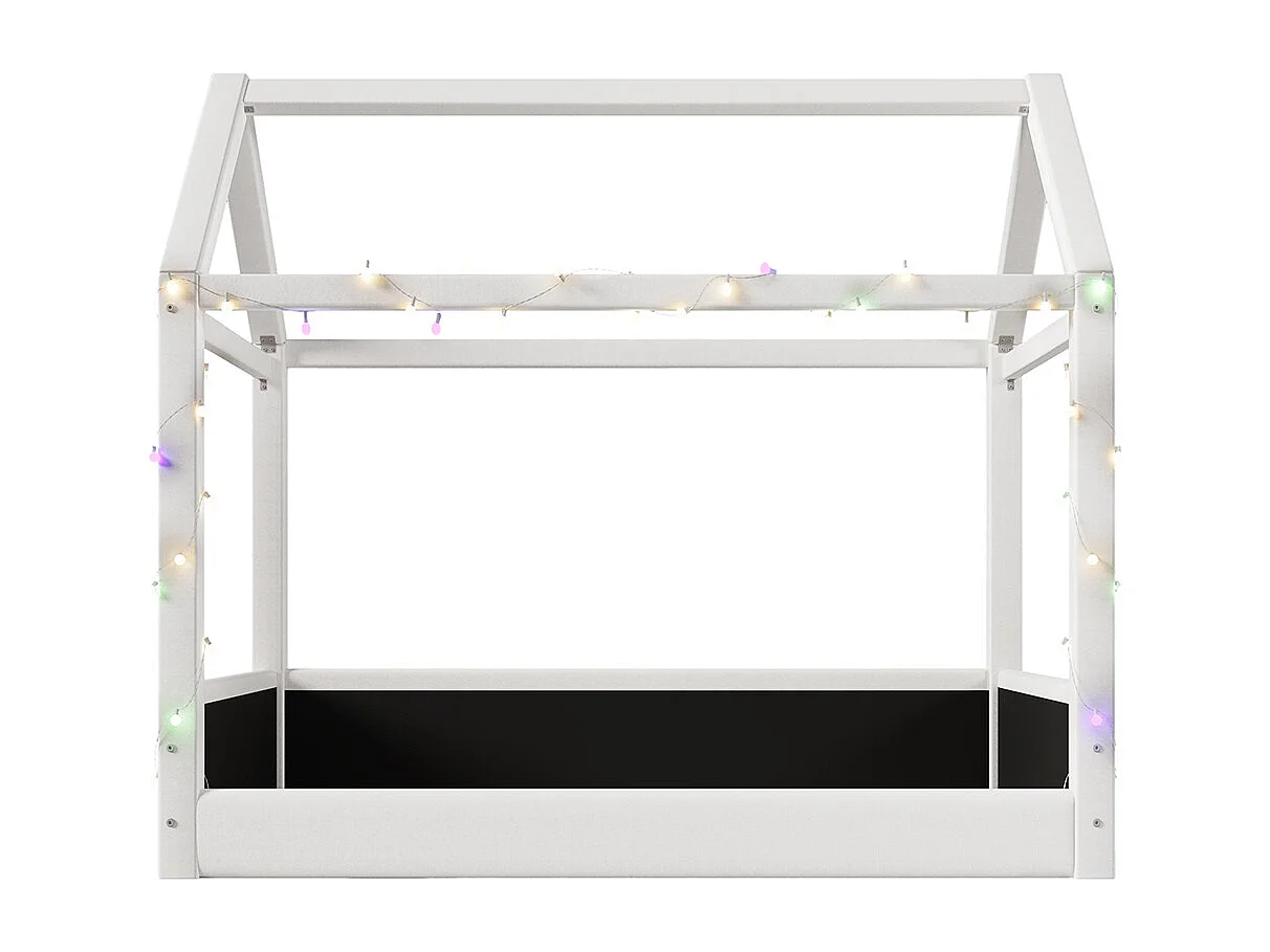 Lit cottage charmant avec éclairage LED – Canapé-lit pour enfants en bois massif avec tente intégrée – Beige – 90 x 200 cm