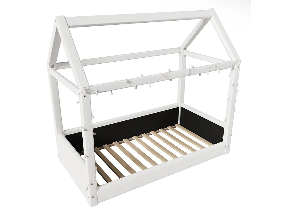 Lit cottage charmant avec éclairage LED – Canapé-lit pour enfants en bois massif avec tente intégrée – Beige – 90 x 200 cm