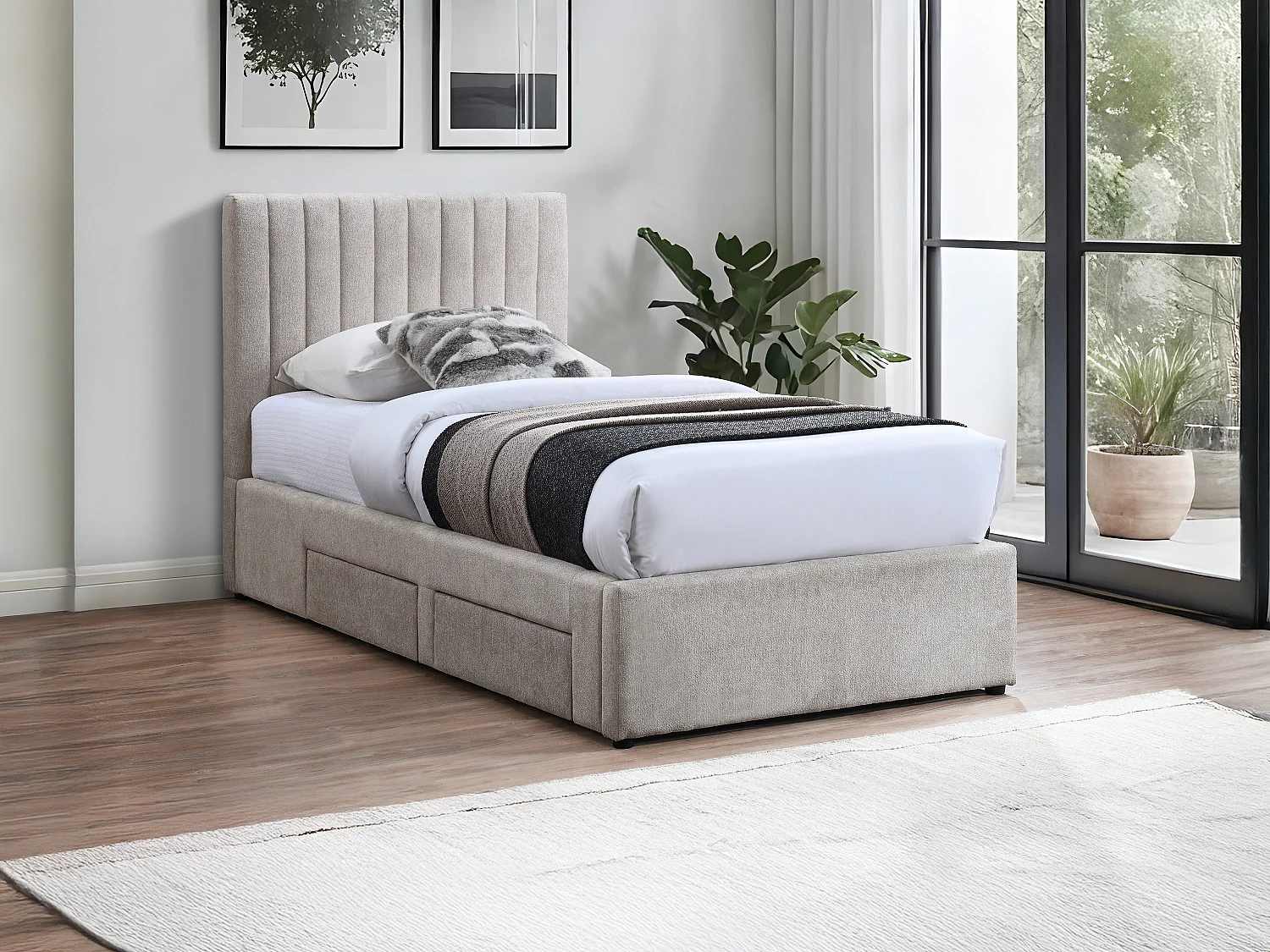 Lit 90 x 190 cm avec 2 tiroirs - Tissu - Beige + Matelas - SARAH