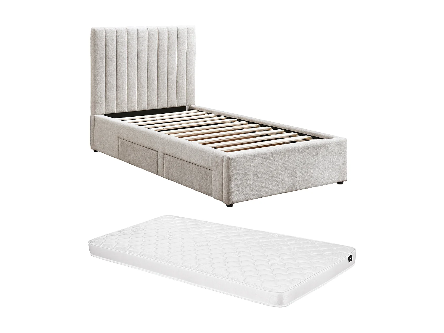 Lit 90 x 190 cm avec 2 tiroirs - Tissu - Beige + Matelas - SARAH