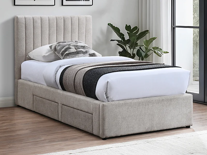 Lit 90 x 190 cm avec 2 tiroirs - Tissu - Beige + Matelas - SARAH
