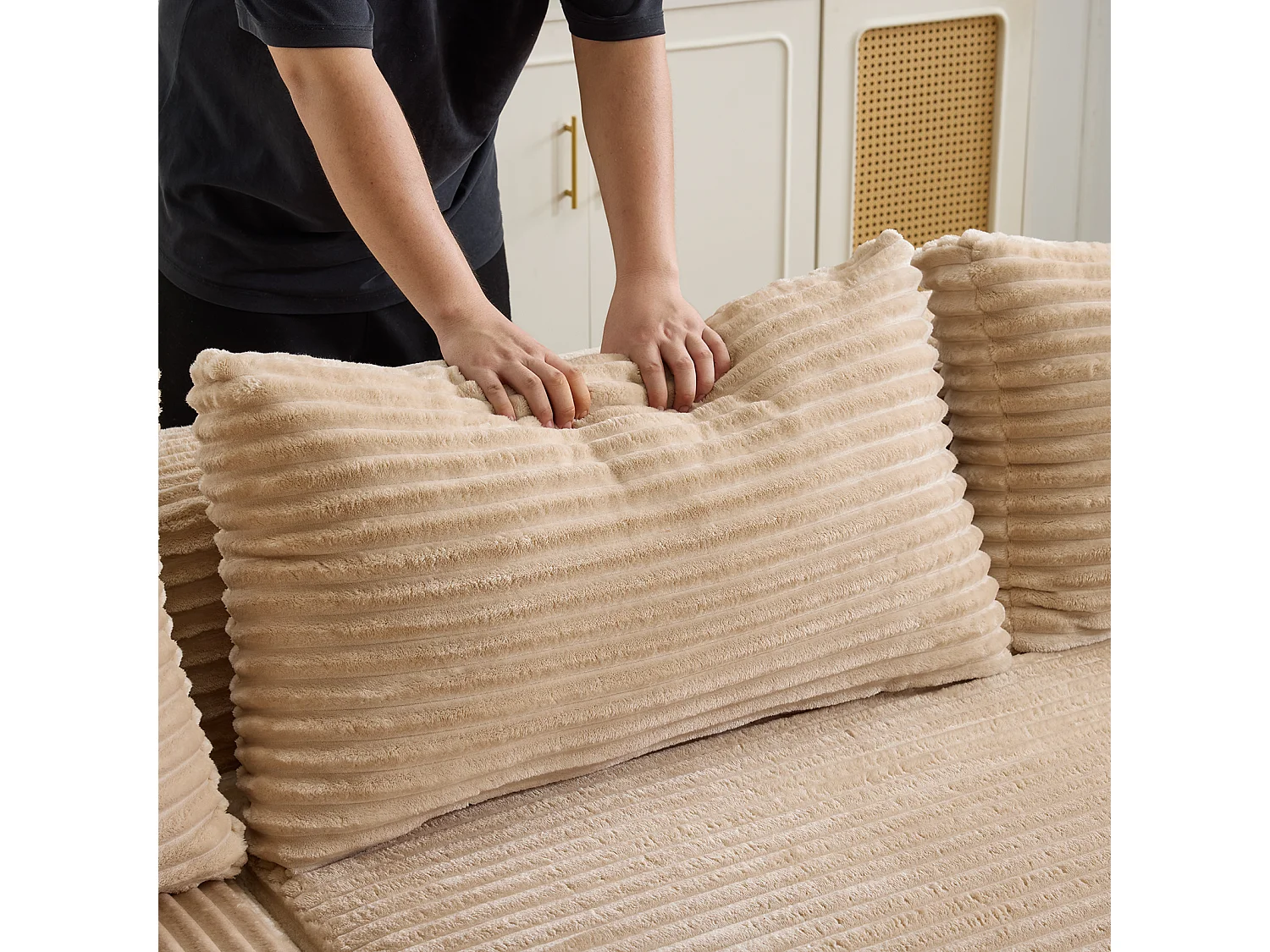 Ensemble de canapés modulaires en velours côtelé, ensemble de canapés en L sur pied, prêt à assembler, adapté aux salons, beige
