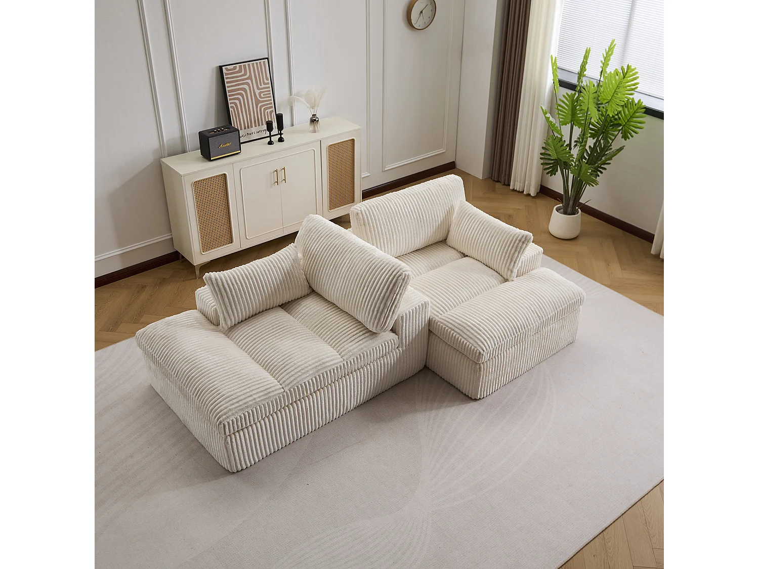 Canapé-lit modulable en velours côtelé avec chaise longue, design prêt à l'emploi, spécialement conçu pour les appartements compacts, blanc