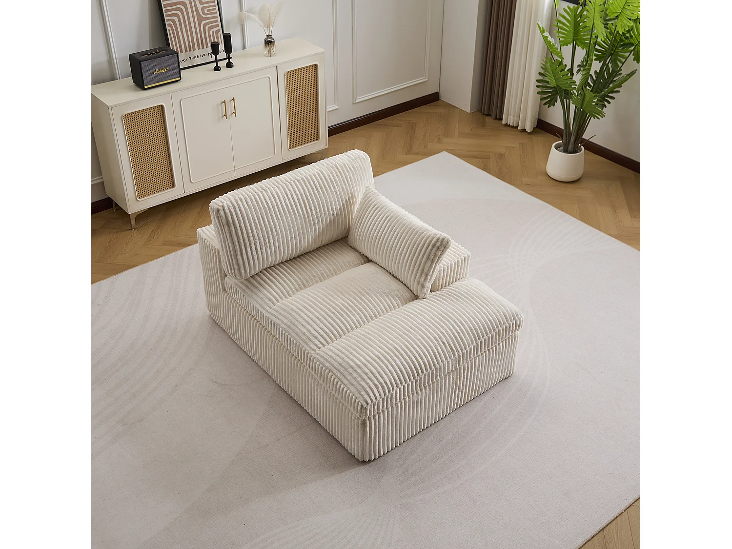Canapé-lit modulable en velours côtelé avec chaise longue, design prêt à l'emploi, spécialement conçu pour les appartements compacts, blanc