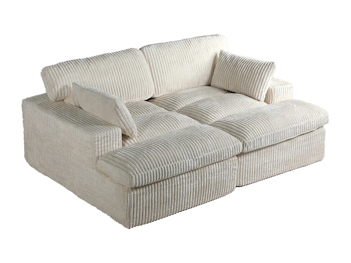Canapé-lit modulable en velours côtelé avec chaise longue, design prêt à l'emploi, spécialement conçu pour les appartements compacts, blanc